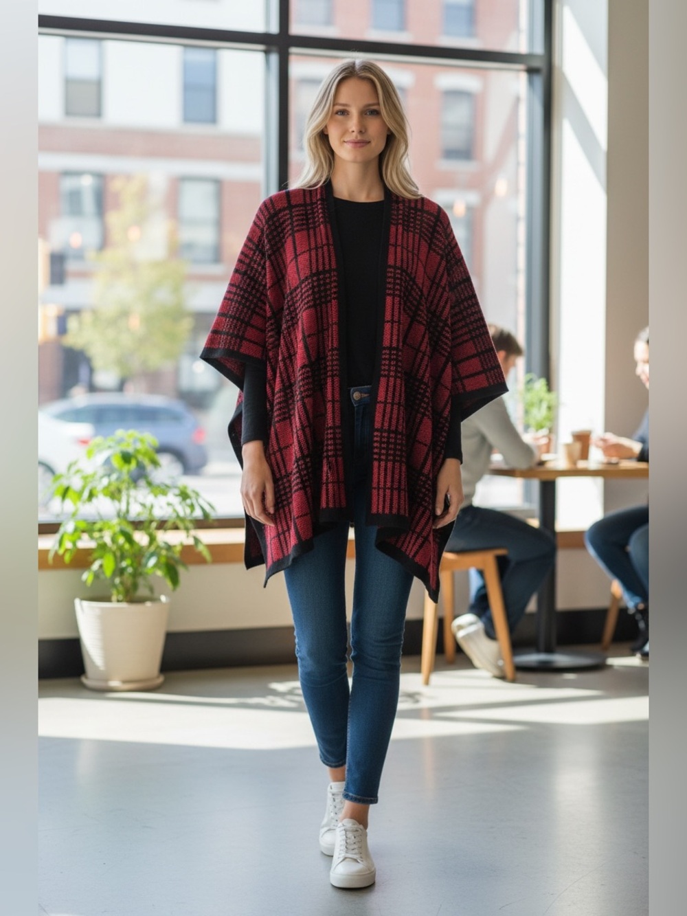 Nicole Miller Plaid Poncho Red/Black Sz O/S